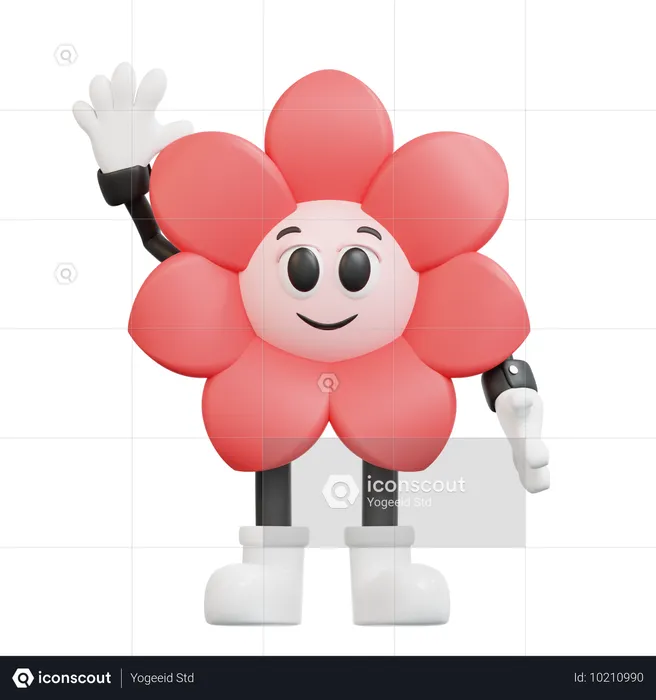 Personagem retrô flor acenando com a mão  3D Illustration