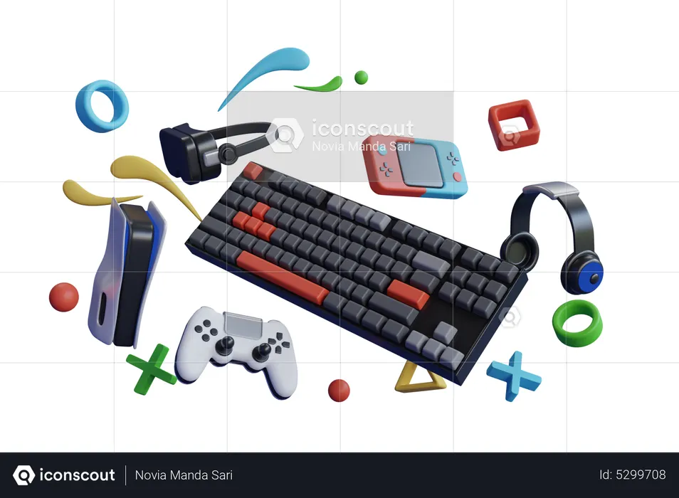 Flying gamer gears like mouse, keyboard, joystick, headset, VR Headset  3D Illustration