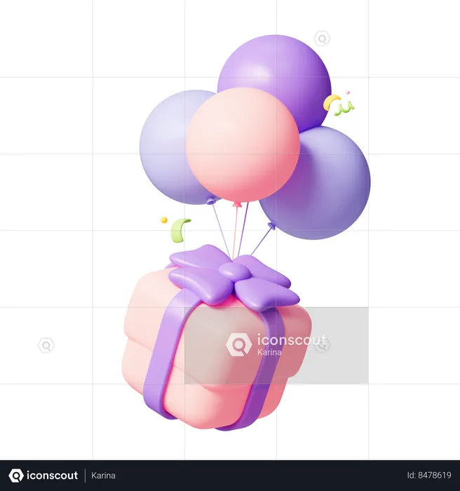 Flying Gift With Balloons  3D Icon