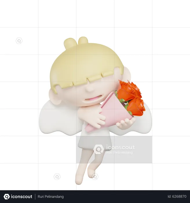 Cupido fofo segurando um buquê de rosas  3D Illustration