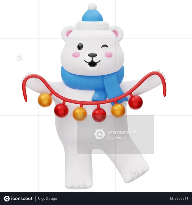 Urso polar fofo com luz de fada  3D Illustration