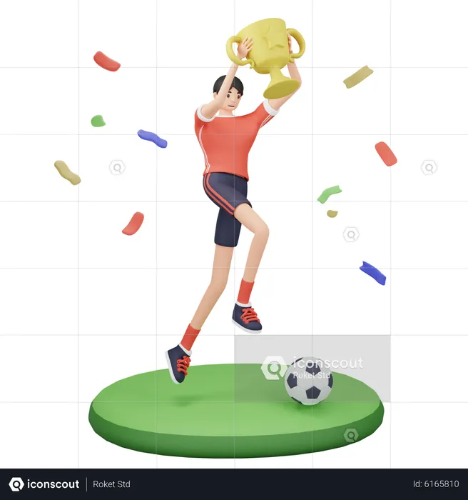 Football player winning trophy  3D Illustration