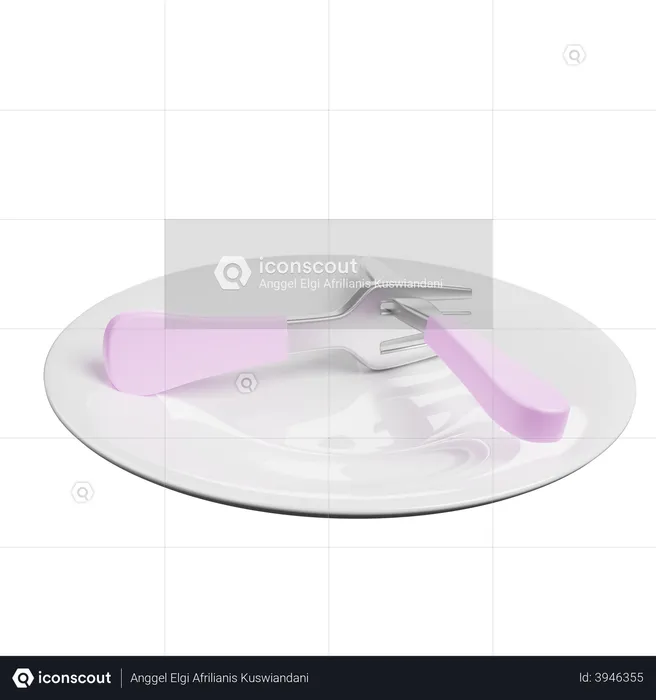 Fork And knife spoon in plate  3D Illustration