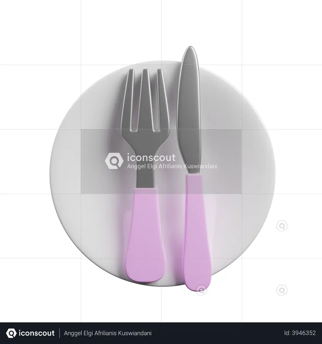 Fourchette et cuillère à couteau dans une assiette  3D Illustration