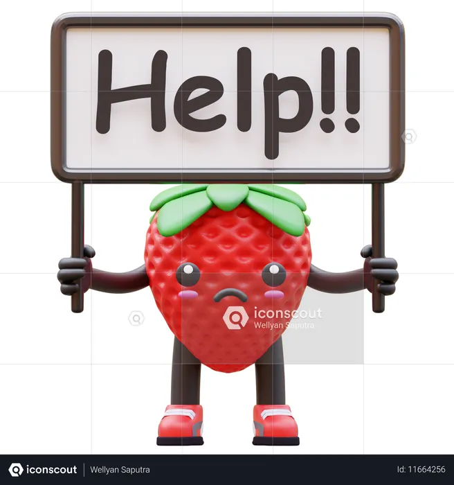 Fraise triste tenant un panneau d'aide  3D Illustration