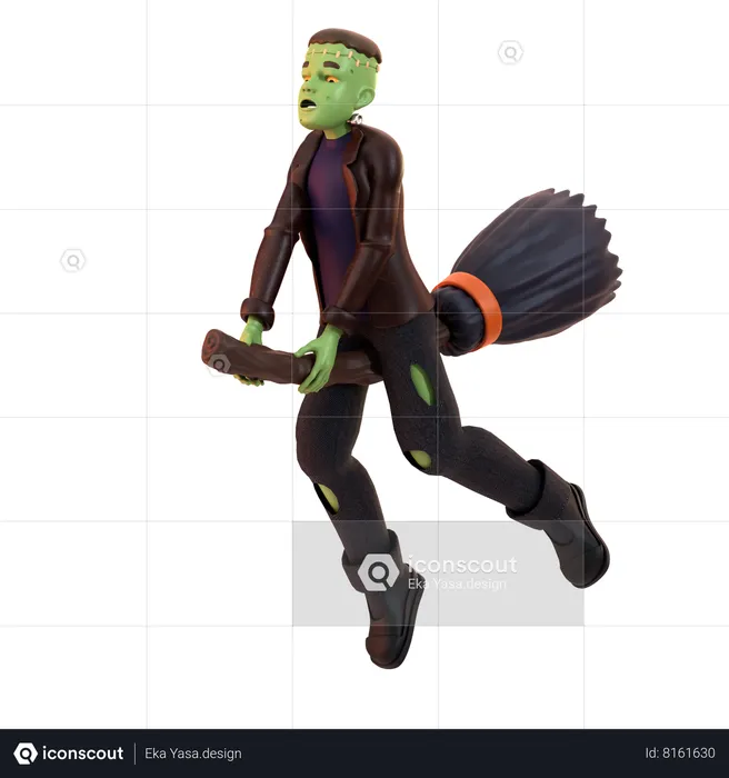 Frankenstein Zombie flying on broom stick  3D Illustration