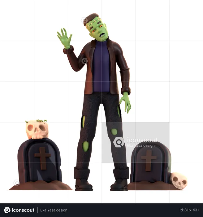 Frankenstein Zombie with skull  3D Illustration