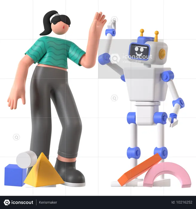 Frau arbeitet mit KI-Roboter  3D Illustration