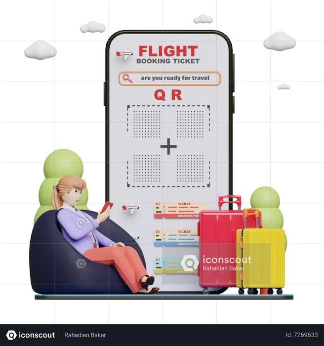 Frau bucht Flugticket online  3D Illustration