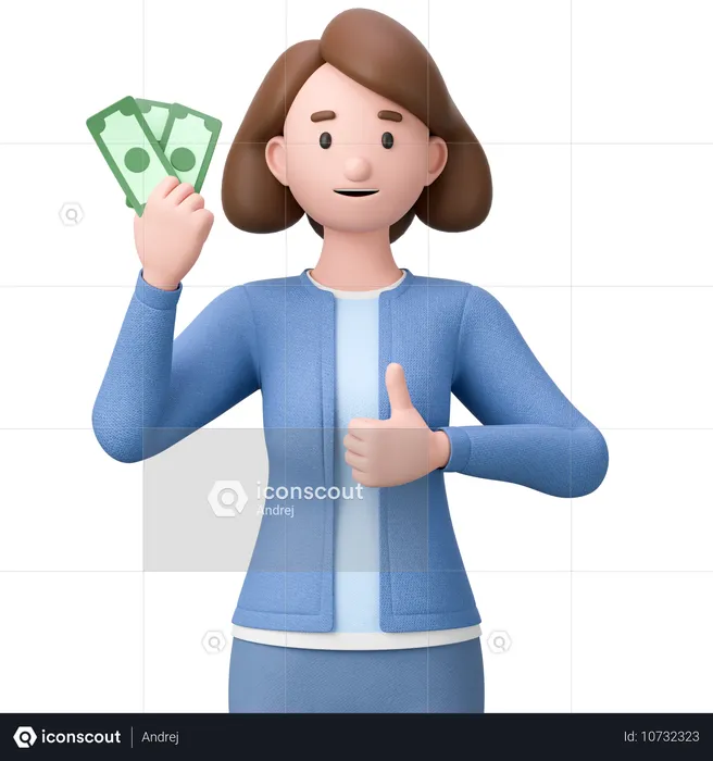 Frau hält Bargeld und gibt Daumen hoch  3D Illustration