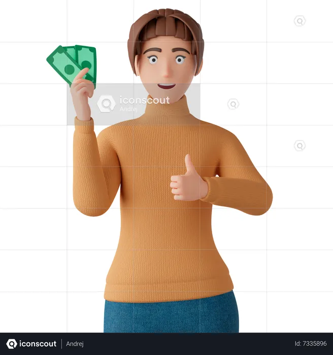 Frau hält Bargeld und gibt Daumen hoch  3D Illustration