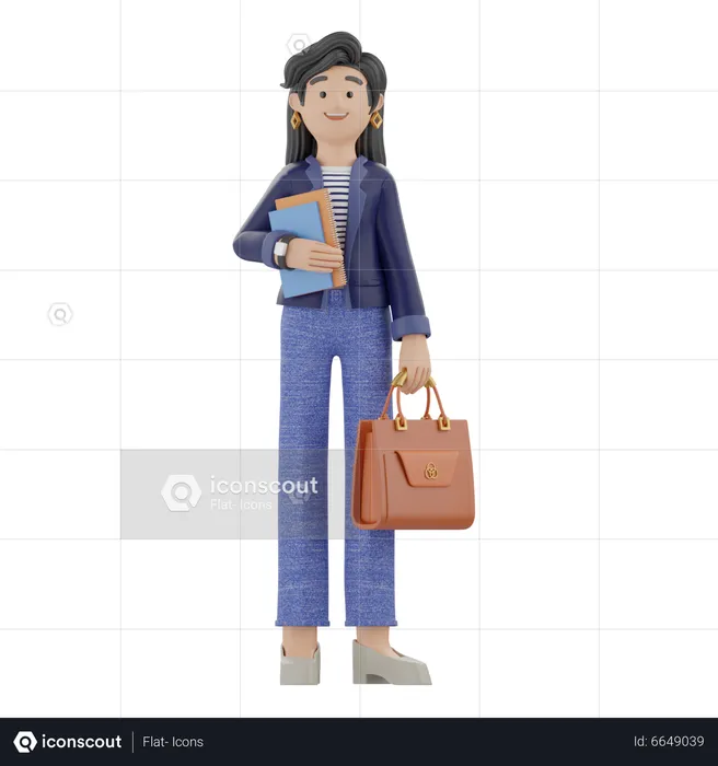 Frau mit Büchern und Tasche  3D Illustration