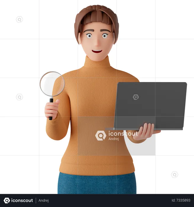 Frau hält eine Lupe und einen Laptop in der Hand  3D Illustration