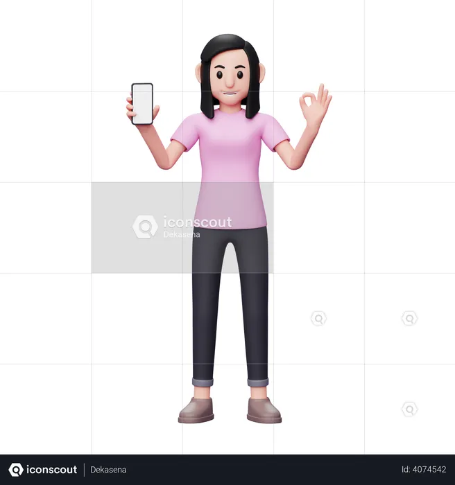 Frau hält Handy mit leerem Bildschirm und zeigt OK-Finger  3D Illustration