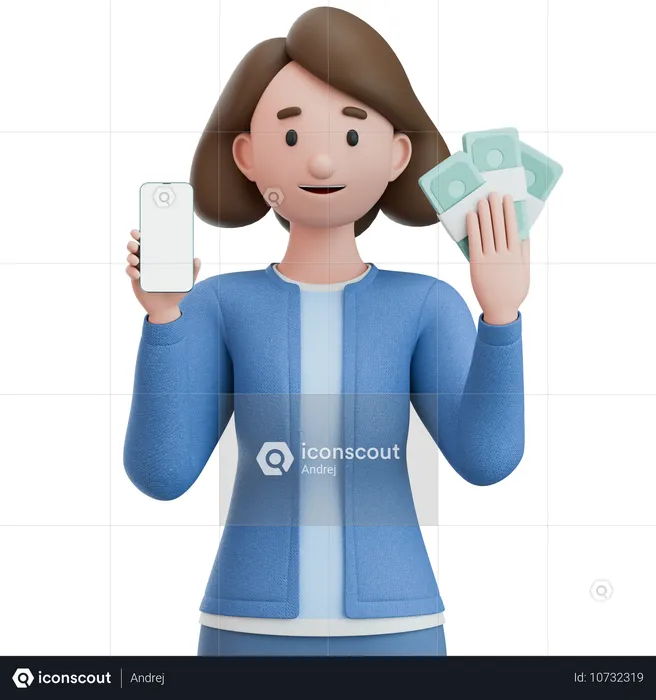 Frau mit Smartphone und einem Haufen Bargeld  3D Illustration