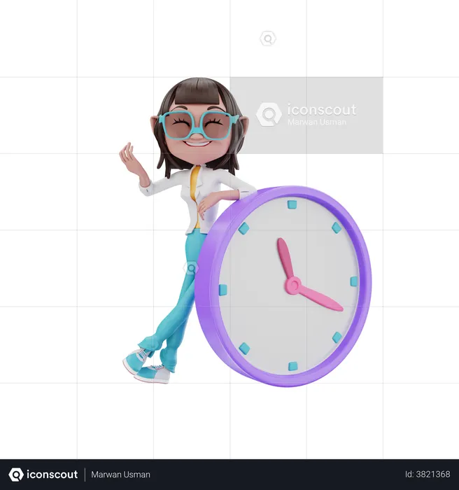 Frau lehnt sich an die Uhr  3D Illustration