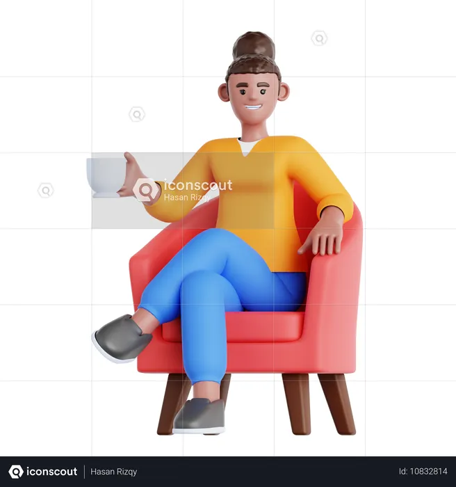 Frau mit Tasse Getränk sitzt auf dem Sofa  3D Illustration