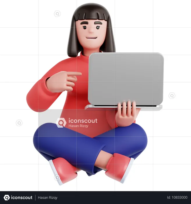 Frau sitzt auf dem Boden und zeigt auf Laptop  3D Illustration