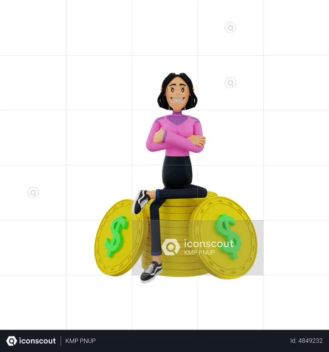 Frau sitzt auf Dollarmünze  3D Illustration