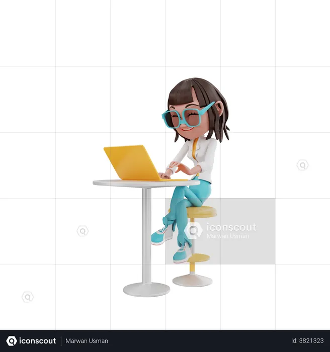 Frau sitzt konzentriert mit Laptop am Tisch  3D Illustration