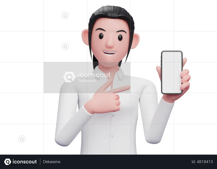 Frau zeigt mit dem Finger auf leeren Handy-Bildschirm  3D Illustration