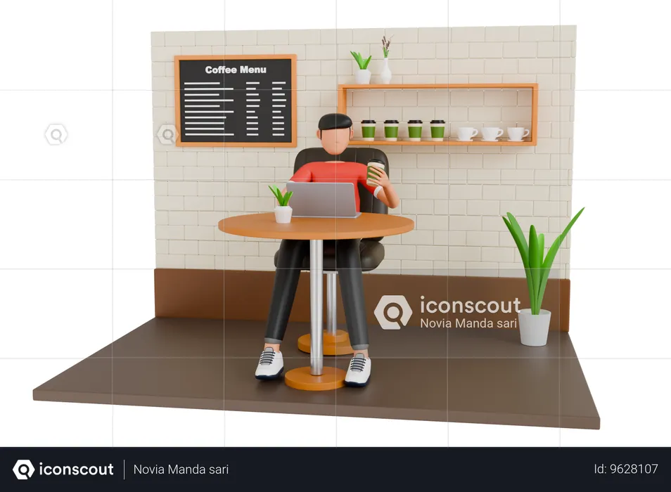 Freelancer Man Working On Laptop In A Cafe  3D Illustration