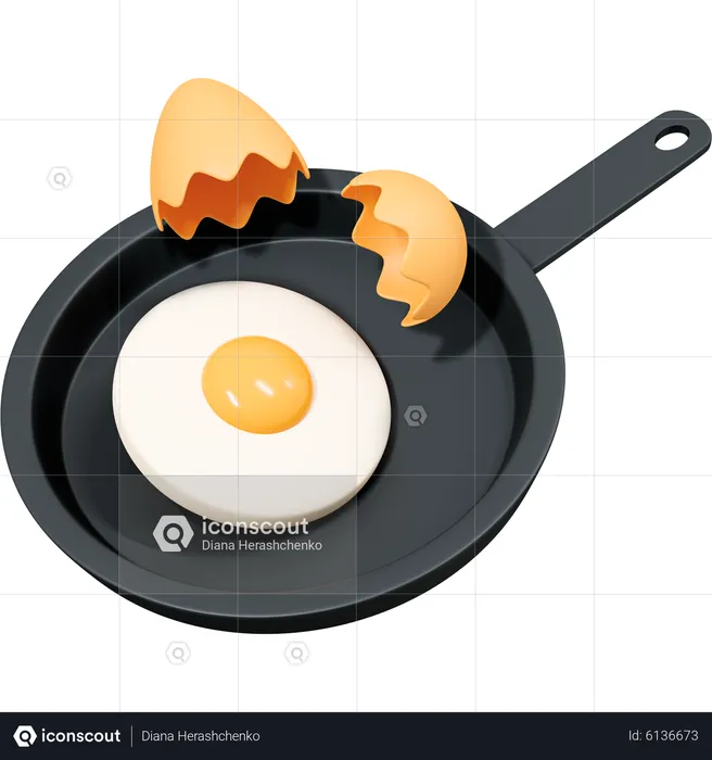 Fried egg on frying pan with eggshell  3D Icon