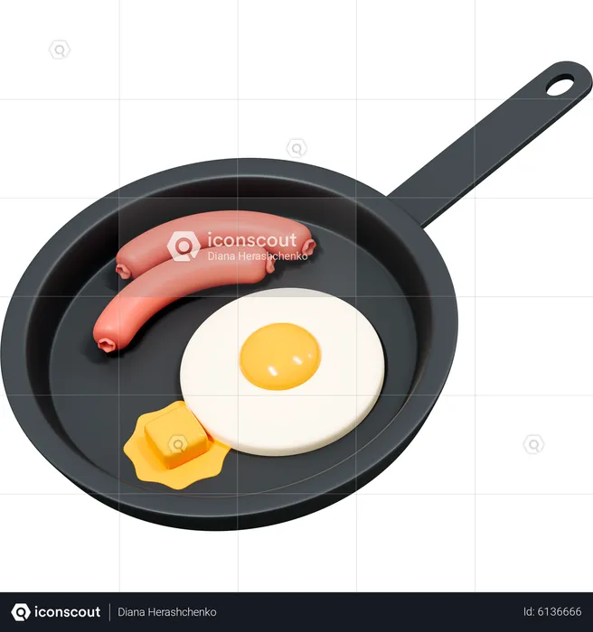 Fried egg with sausage and butter on frying pan  3D Icon