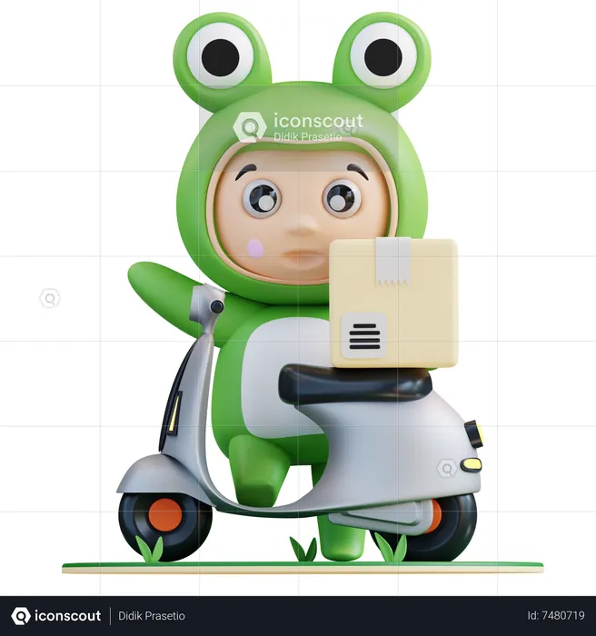 Frogie delivering product on scooter  3D Illustration