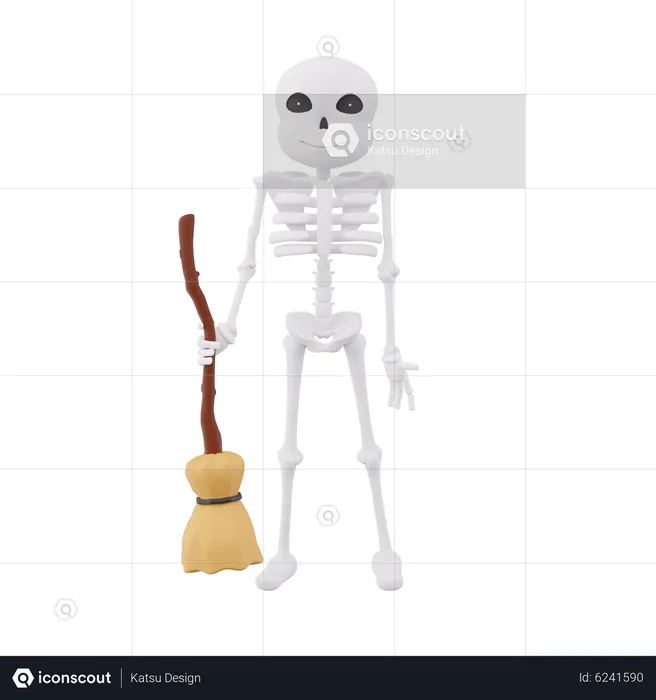 Funny skeletons holding broom stick  3D Illustration