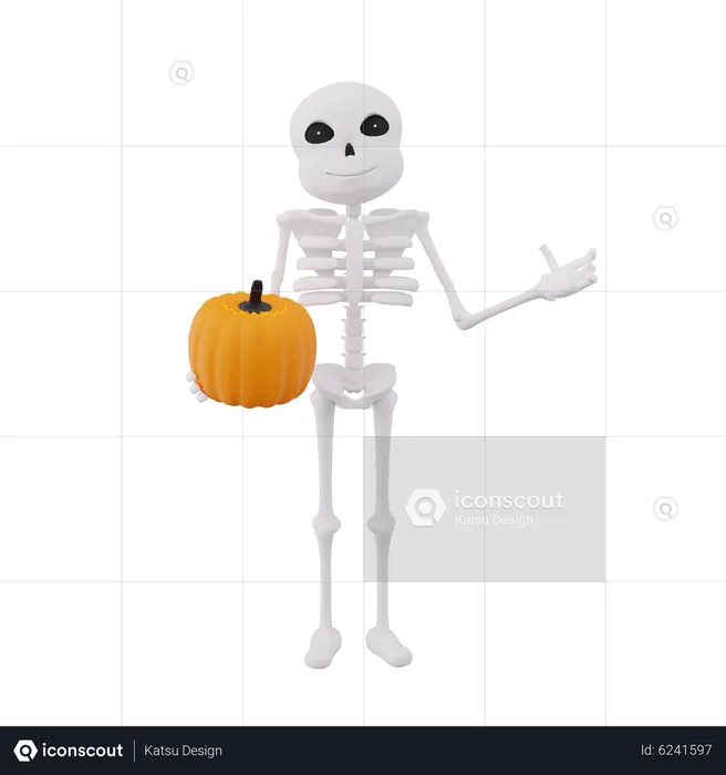 Funny skeletons holding pumpkin  3D Illustration