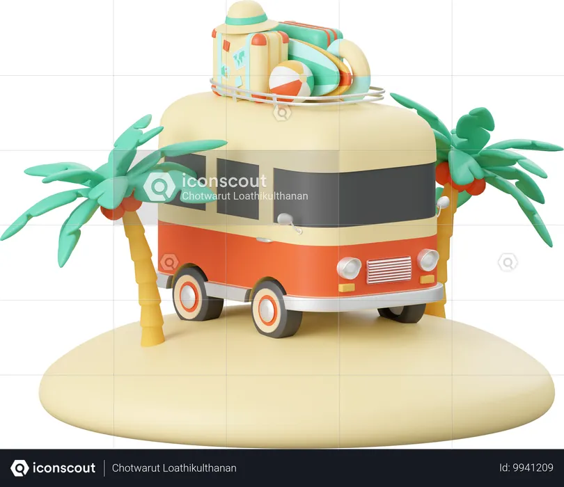 Furgoneta de verano con accesorios de playa  3D Illustration