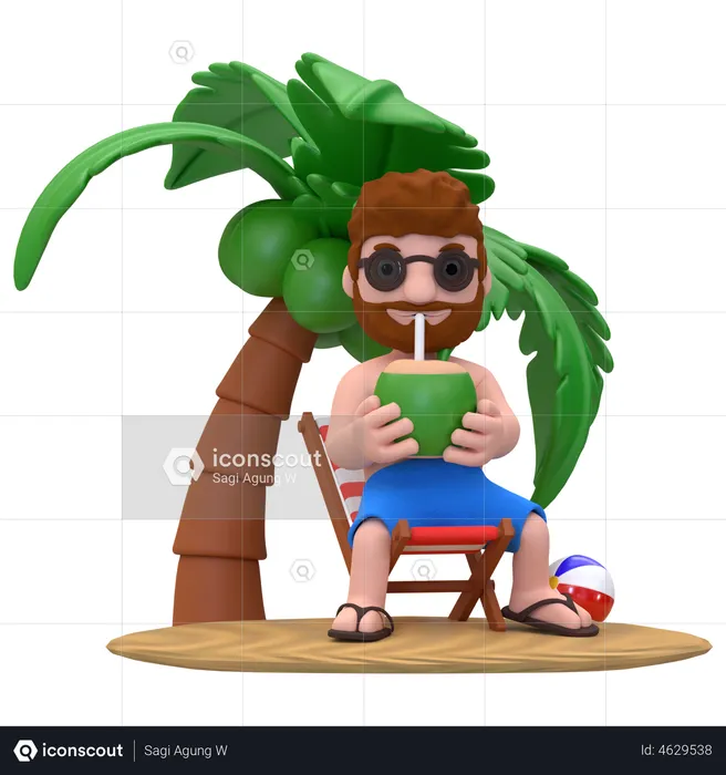 Garçon appréciant l’eau de coco sur la plage  3D Illustration