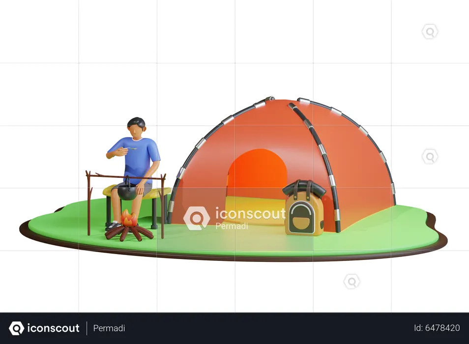 Garçon cuisinant de la nourriture au camping  3D Illustration