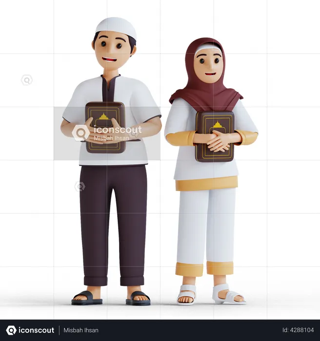Garçon et fille musulmans lisant le Coran pendant le mois sacré du Ramadan  3D Illustration