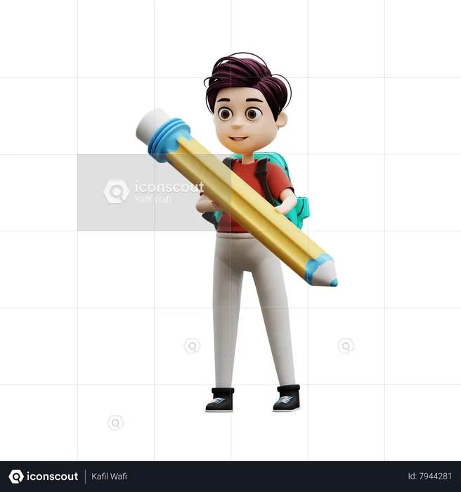 Garçon étudiant tenant un crayon  3D Icon