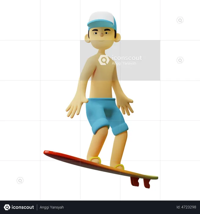 Garçon faisant du surf sur planche de surf  3D Illustration