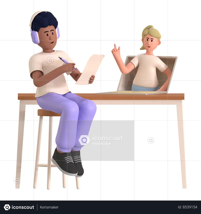 Garçon faisant un apprentissage en ligne  3D Illustration