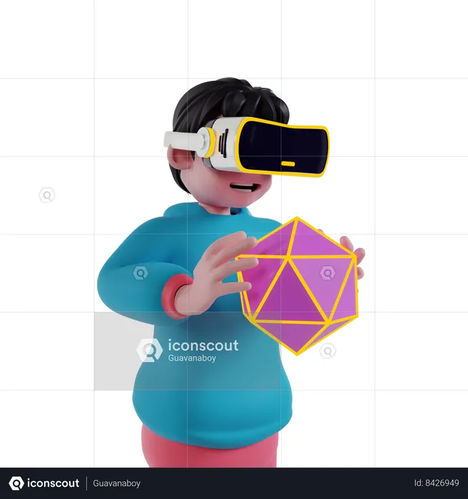 Garçon portant des lunettes VR et résolvant un puzzle virtuel  3D Illustration