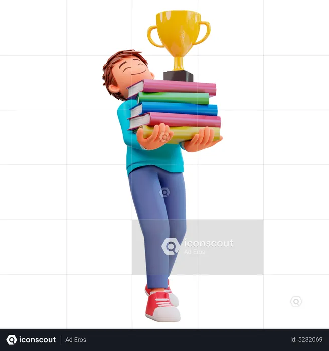 Garçon portant une pile de livres et de trophées  3D Illustration