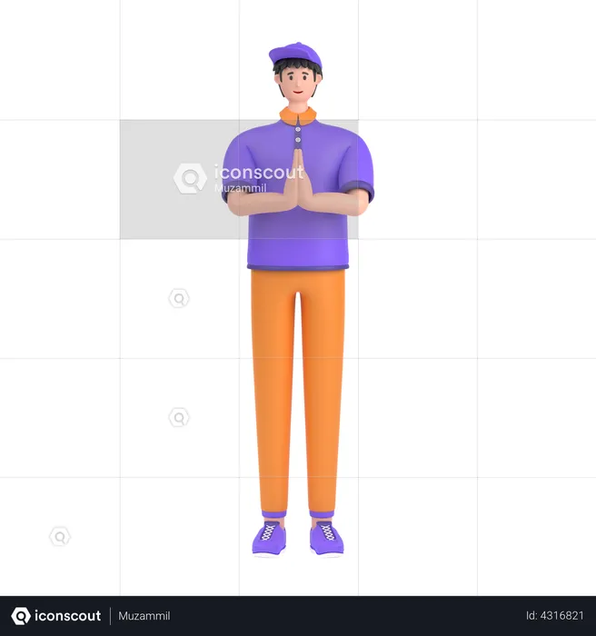 Garçon saluant en disant namaste avec ses mains  3D Illustration