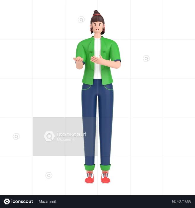 Menina apresentando algo em pé e sorrindo  3D Illustration