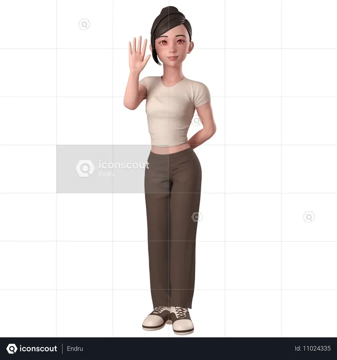 Garota casual em vestido marrom acenando com a mão e dizendo oi com a mão esquerda  3D Illustration