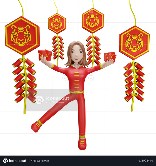 Menina chinesa com foguete chinês  3D Illustration