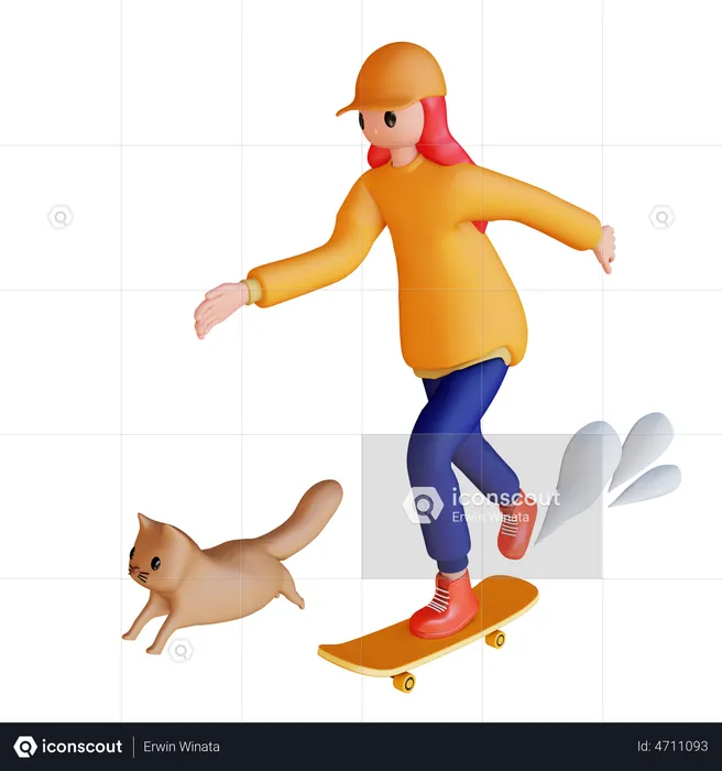 Menina correndo de skate com animal de estimação  3D Illustration