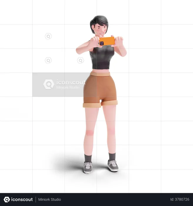 Garota de cabelos curtos tirando foto usando smartphone  3D Illustration