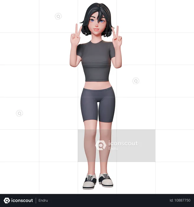 Garota esportiva de preto mostrando gesto de paz com as duas mãos  3D Illustration