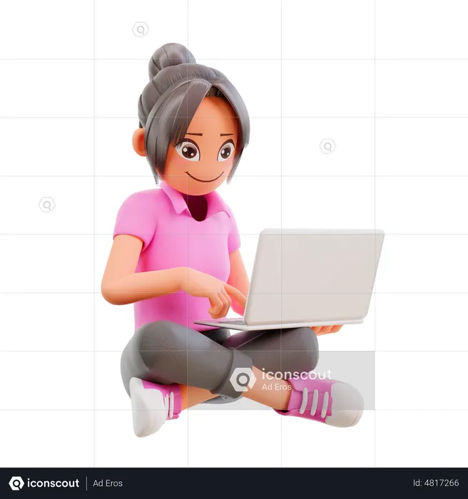 Garota senta pernas cruzadas e estuda no laptop  3D Illustration