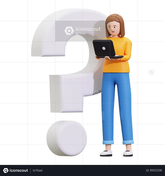 Menina tendo dúvidas enquanto segura o laptop  3D Illustration