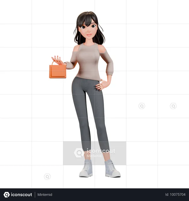 Garota viciada em compras segurando bolsa enquanto está de pé  3D Illustration